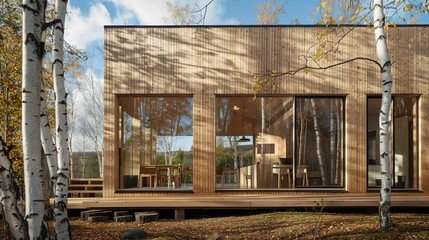 Fototapeta premium Elegant Scandinavian Modern Home with Natural Wood Elements in Peaceful Forest Setting. Ideal for architecture portfolios, sustainable living magazines, furniture catalogs or Nordic travel promotions