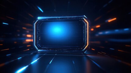Futuristic glowing rectangular interface with blue and orange light streaks in a dark digital environment