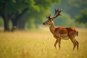 Fototapeta premium Side profile of a male Barasingha in Kanha National Park, India , portrait, India