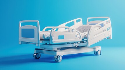 A white hospital bed with a blue background
