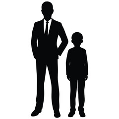 Black silhouette of a father and son wearing suits standing together in monochrome