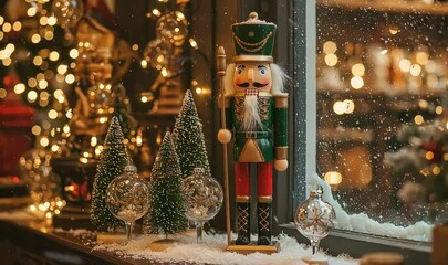Festive nutcracker figurine stands by a snowy window, surrounded by twinkling lights and decorations - Powered by Adobe
