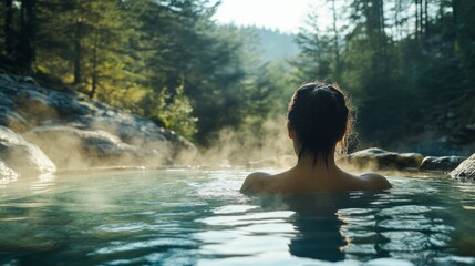 hot spring surrounded by forest, submerged woman, natural steam and sunlight. generative ai