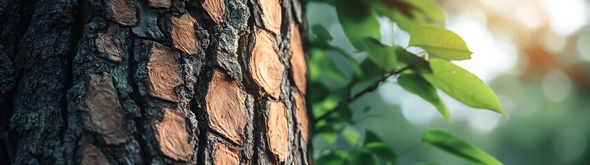 Obraz premium Tree bark texture with leaves