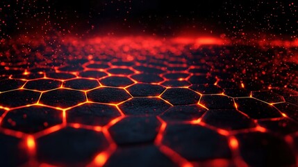 Obraz premium Close-up of a glowing molten lava surface with hexagonal patterns and bright orange cracks emitting sparks and heat in a dark environment