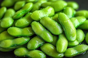 Close-up of fresh bright green edamame pods with a glossy, moist texture