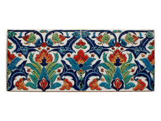 Detailed floral ceramic tile with red orange and blue hues.