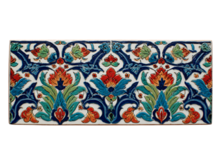 Detailed floral ceramic tile with red orange and blue hues.