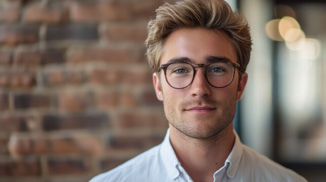 A young man with blonde hair wearing glasses, standing in front of a brick wall with a blurred background.