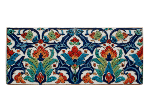Detailed floral ceramic tile with red orange and blue hues.