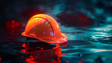 Orange construction helmet floating on reflective water surface under dramatic lighting