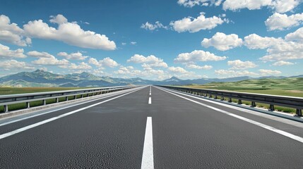 Fototapeta premium A long, straight, empty highway stretching into the distance with a clear blue sky and fluffy white clouds above.