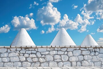 Three white conical structures behind a white stone wall under a bright blue sky with scattered fluffy clouds
