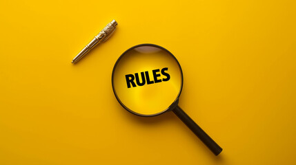 Magnifying glass focusing on the word “RULES” against vibrant yellow background