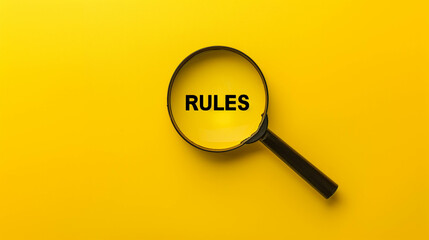 Magnifying glass focusing on the word “RULES” against vibrant yellow background