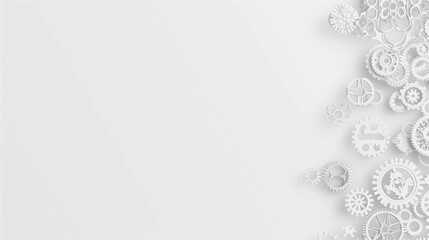 Cluster of white gears arranged on light background with empty space for text