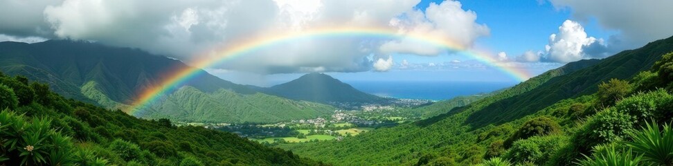 Vibrant rainbow arcing over lush West Maui mountains, green, sky, blue