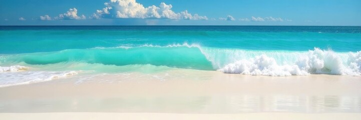 Obraz premium White sand beach, crystal clear aqua ocean wave rolling in , texture, beautiful