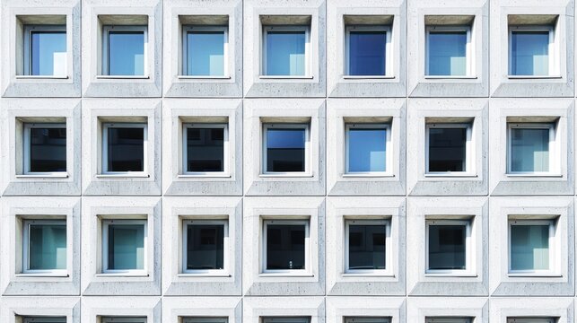 A white building facade with a grid of windows, featuring a variety of colors and textures.