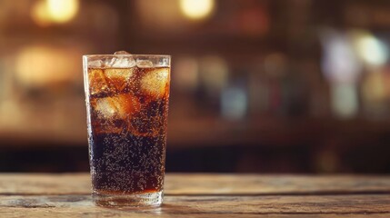 A glass of cola with ice cubes on a wooden table in a dimly lit bar setting.