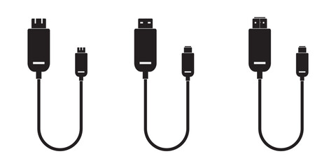 USB cable port icon set. USB type C, A, lightning and micro USB mobile phone charger vector illustration collection. USB cable icon. Mobile charger. Micro USB cables. USB cable Vector  illustration.