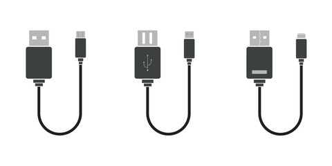 USB cable port icon set. USB type C, A, lightning and micro USB mobile phone charger vector illustration collection. USB cable icon. Mobile charger. Micro USB cables. USB cable Vector  illustration.