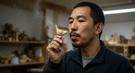 Artisan Blowing Dust Off a Hand Carved Wooden Bird