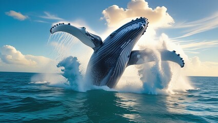 A majestic humpback whale, its sleek gray body glistening with ocean spray, bursts through the turquoise water's surface, its powerful tail thrashing upwards, sending plumes of foamy white water high 