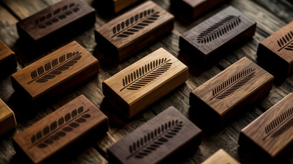 A close-up photograph of multiple rectangular wooden match boxes arranged on a weathered wooden surface