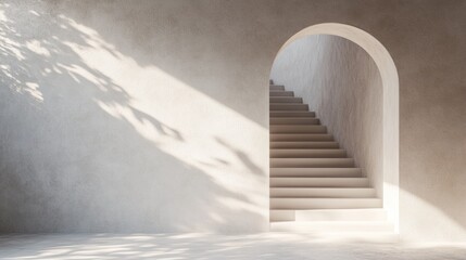 Fototapeta premium Beige interior with arched doorway and stairs. Sunlight casts shadows