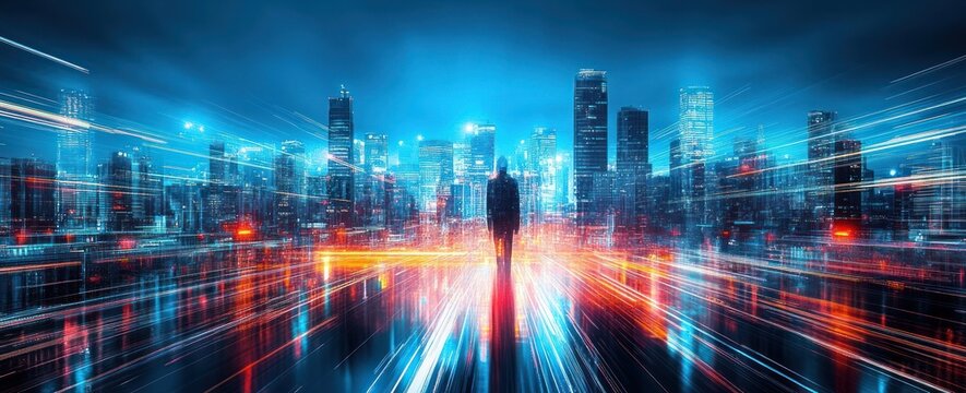 Silhouette of a person standing amidst a futuristic cityscape with vibrant blue and orange light trails converging towards the center, evoking a sense of speed and technological advancement