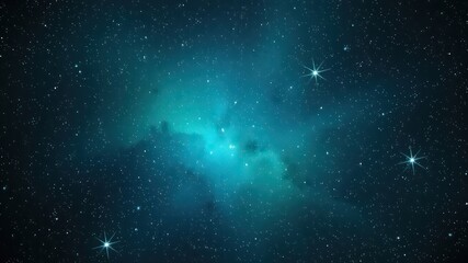 Abstract teal and dark blue cosmic nebula formation with scattered stars in the distant deep darkness