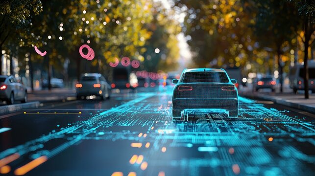 A futuristic car driving on a road with a digital interface overlaying it.