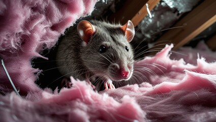 A tight, ominous close-up of a furry rat's snout peeking out from a torn, fluffy blanket of home insulation, its beady eyes gleaming in the dim light, highlighting the urgent need for pest control.