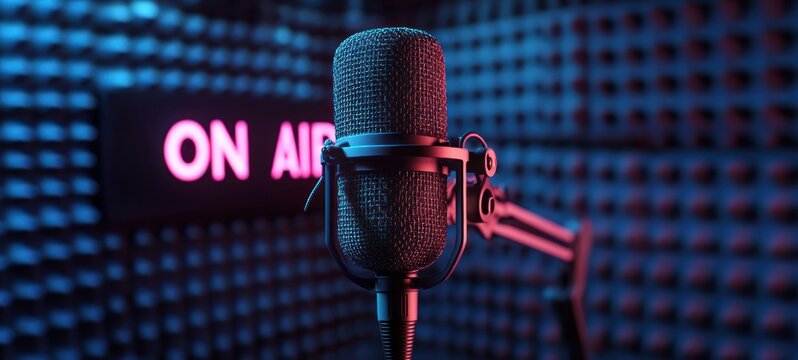 Professional studio microphone on adjustable arm in soundproof room illuminated by blue and pink lights with illuminated on air sign in background
