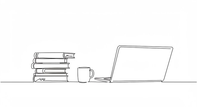 Laptop with Books and Mug Line Art Still Life Minimalist Style