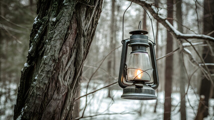 Vintage oil lantern hanging in winter forest