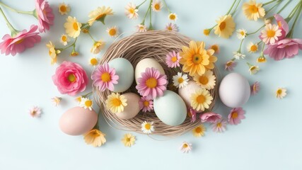 Obraz premium Pastel Easter eggs resting gently inside a birds nest adorned with a variety of colorful delicate flowers on a soft serene background
