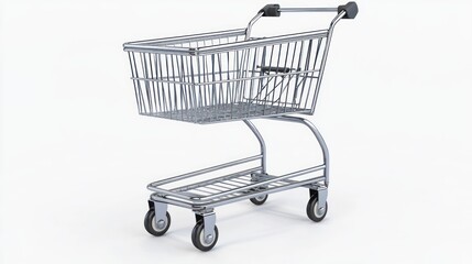 A metallic shopping cart with a black handle and wheels, placed on a white background.