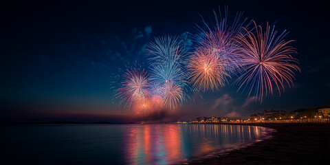 暗い夜空に咲く大輪の打ち上げ花火が水辺に映る美しい瞬間を切り取った高解像度イラスト｜風景画｜夏祭り｜観光プロモーション用素材にも最適