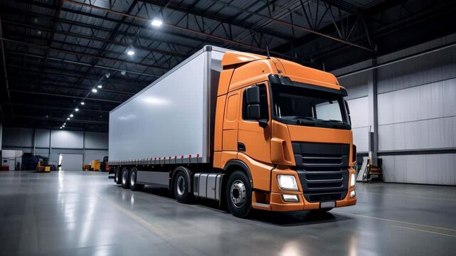 Orange semi truck with a white trailer parked in a large warehouse, ready for deliveries and freight transport logistics