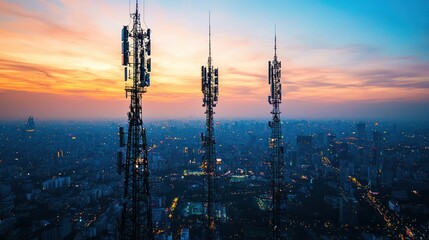 Three cell phone towers standing tall against a colorful sunset sky