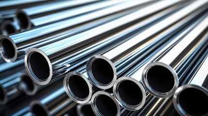 A stack of shiny, silver-colored metal pipes with a reflective, metallic finish, arranged in a neat, organized pile.
