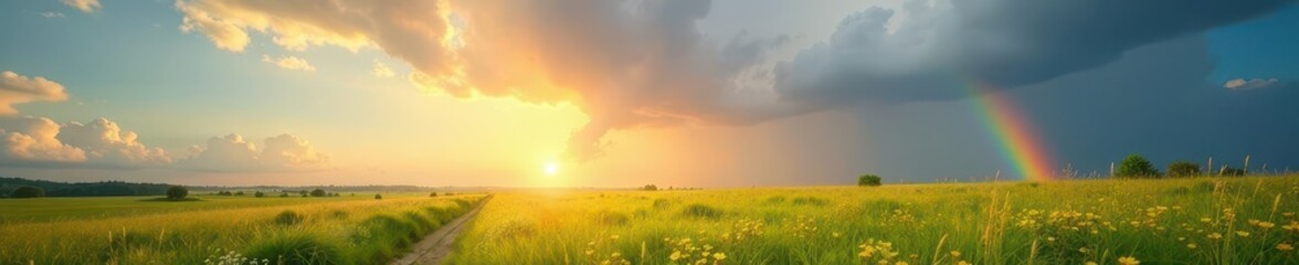 Obraz premium Sunlit meadow, rainbow emerges from summer storm clouds , nature, serene, environment