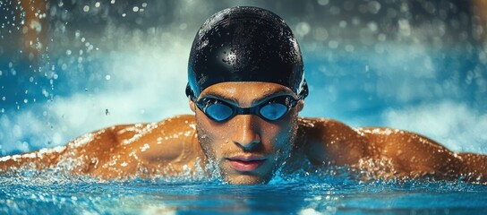 Focused swimmer wearing swim cap and goggles emerging from water with droplets splashing around, showcasing strength and determination