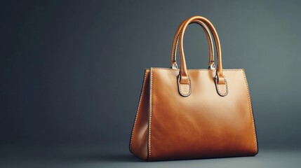 A brown leather handbag with gold accents and a black background.