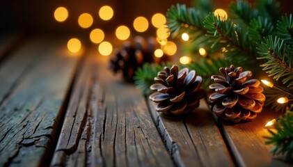 Warm golden garland lights and pine cones on rustic wood , wooden, garland