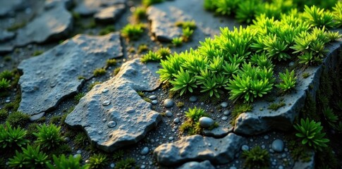 Weathered gray rock, lush green moss coating, water droplets, element, artistic