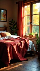 Warm light, colorful foliage blankets charming home, nature, orange