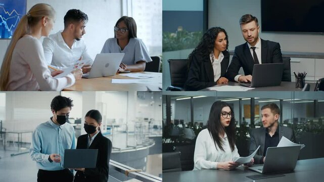 Groups of diverse individuals work together at laptops and computers, discussing projects and sharing ideas in modern office environments during the day.